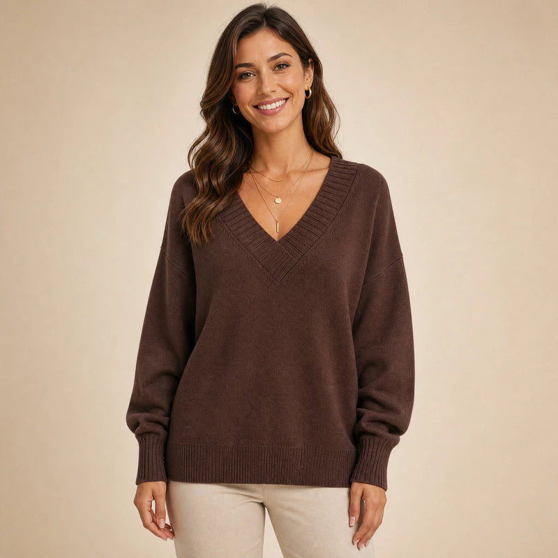 Avery | Women's Cashmere-Feel V-Neck Sweater, Fine-Gauge Knit in Chestnut Brown, view 1