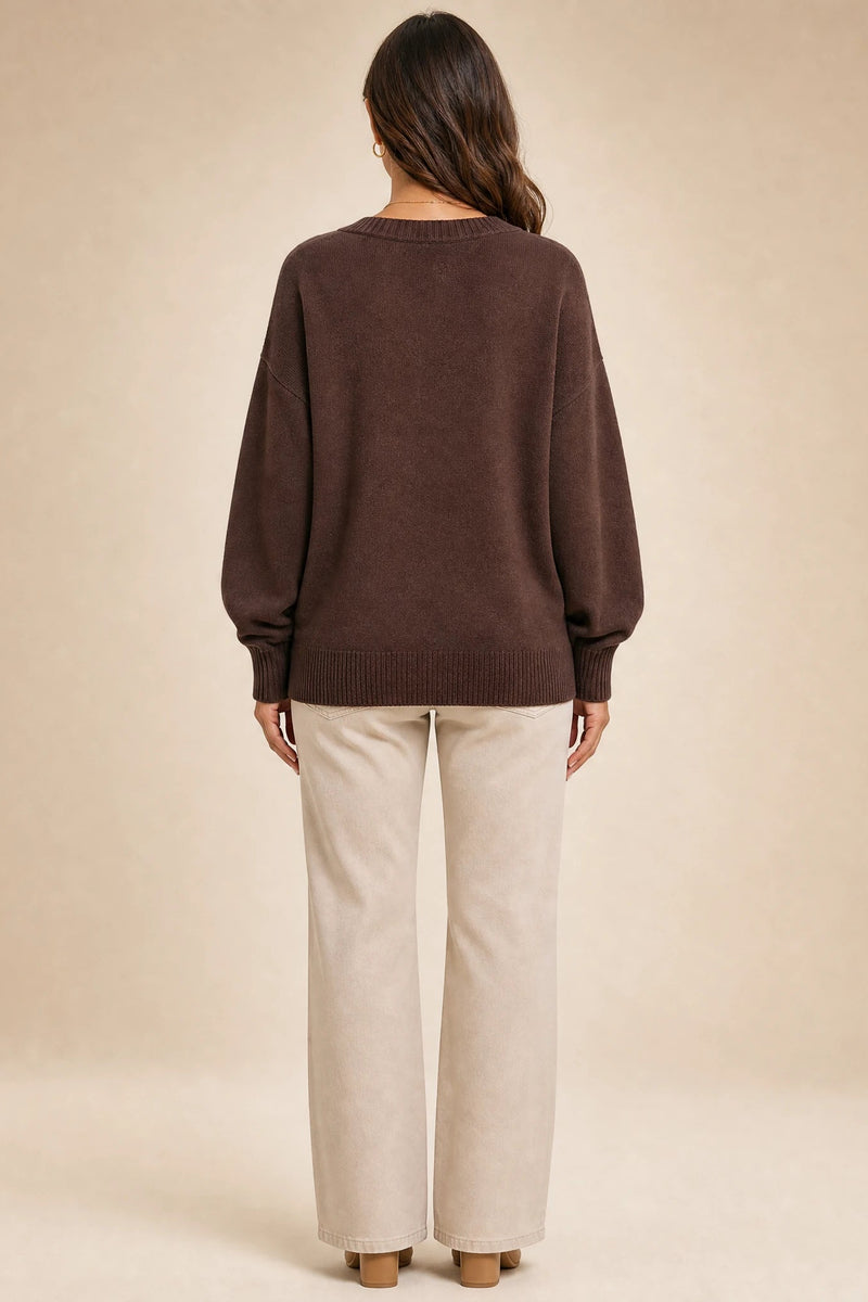 Avery | Cashmere-Feel V-Neck Sweater in Chestnut Brown, studio side view