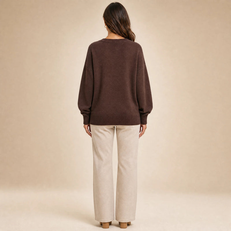 Avery | Women's Cashmere-Feel V-Neck Sweater, Fine-Gauge Knit in Chestnut Brown, view 2
