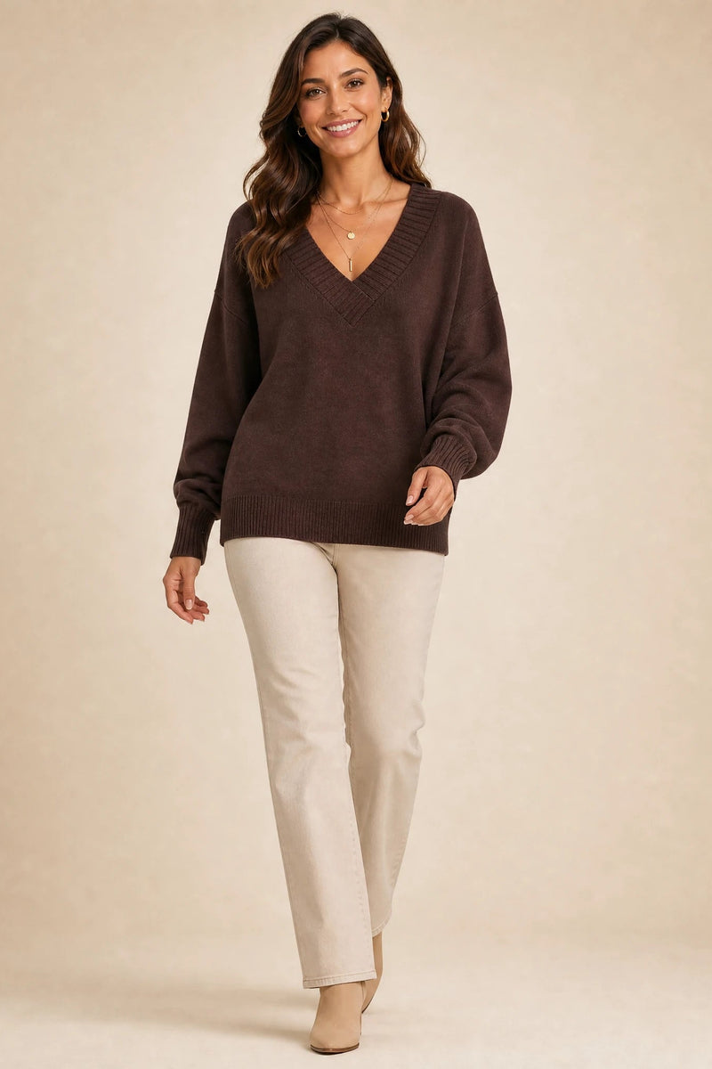 Avery | Cashmere-Feel V-Neck Sweater in Chestnut Brown, studio back view