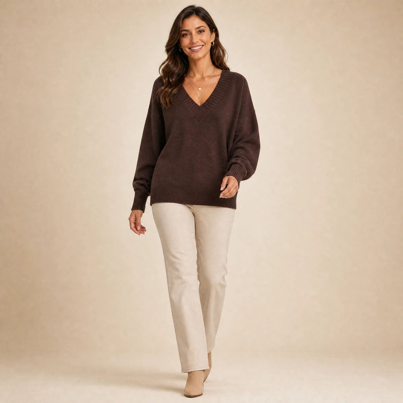 Avery | Women's Cashmere-Feel V-Neck Sweater, Fine-Gauge Knit in Chestnut Brown, view 3