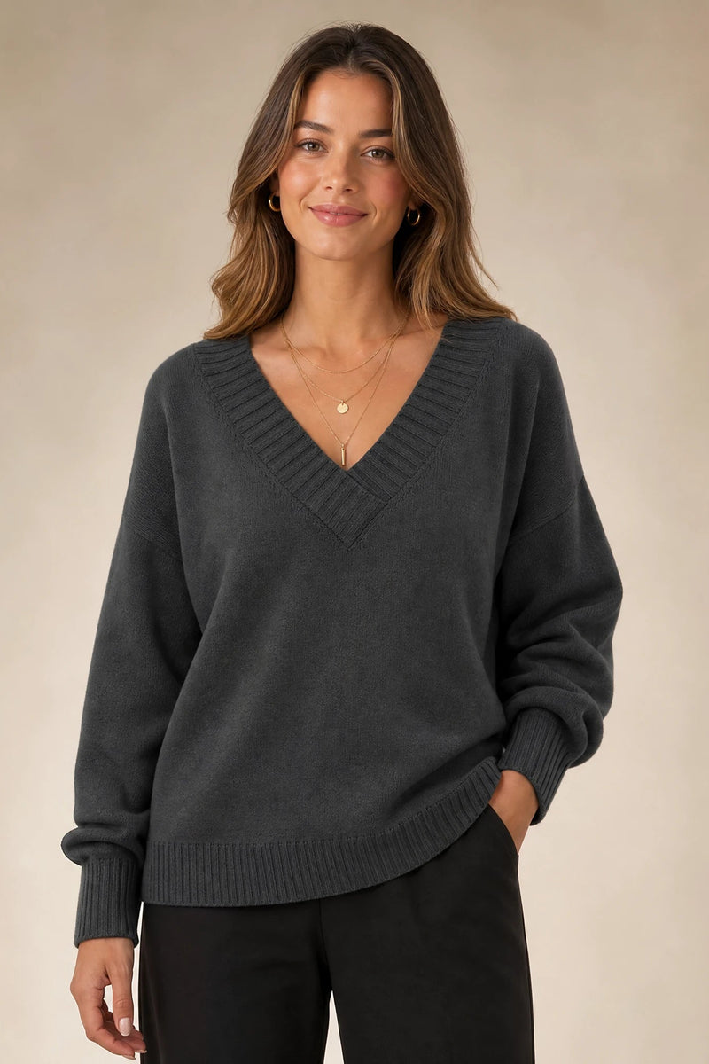Avery | Cashmere-Feel V-Neck Sweater in Dark Gray, studio front view
