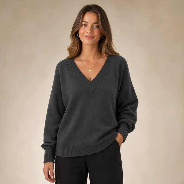 Avery | Women's Cashmere-Feel V-Neck Sweater, Fine-Gauge Knit in Dark Gray, view 1