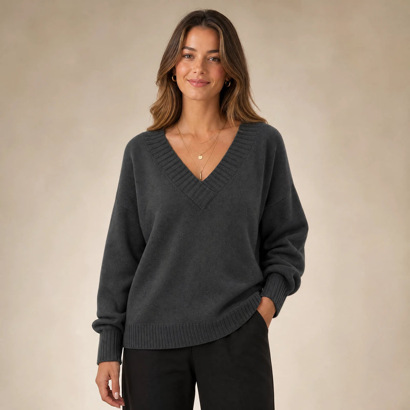Avery | Women's Cashmere-Feel V-Neck Sweater, Fine-Gauge Knit in Dark Gray, view 1