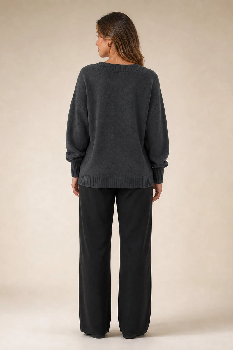 Avery | Cashmere-Feel V-Neck Sweater in Dark Gray, studio side view