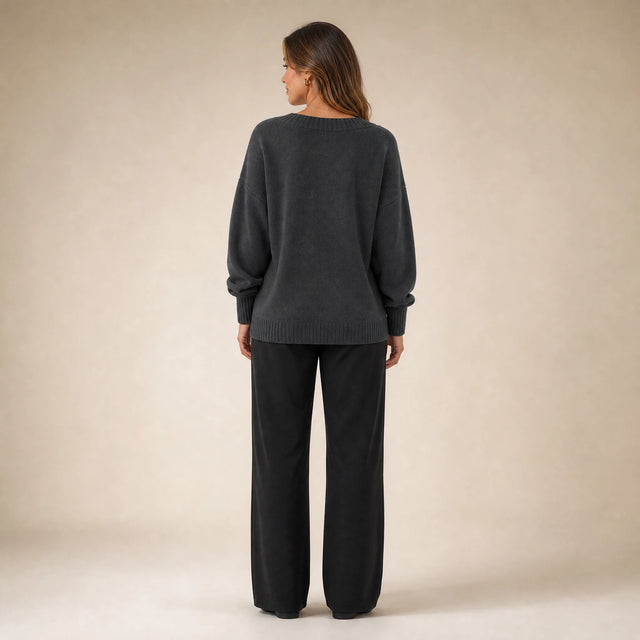 Avery | Women's Cashmere-Feel V-Neck Sweater, Fine-Gauge Knit in Dark Gray, view 2