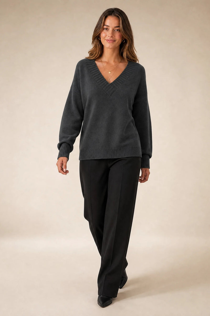 Avery | Cashmere-Feel V-Neck Sweater in Dark Gray, studio back view