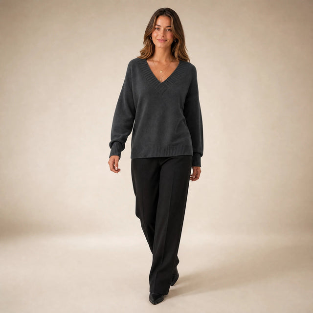 Avery | Women's Cashmere-Feel V-Neck Sweater, Fine-Gauge Knit in Dark Gray, view 3