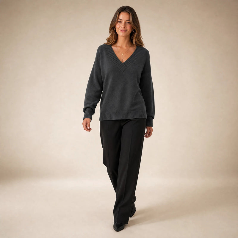 Avery | Women's Cashmere-Feel V-Neck Sweater, Fine-Gauge Knit in Dark Gray, view 3