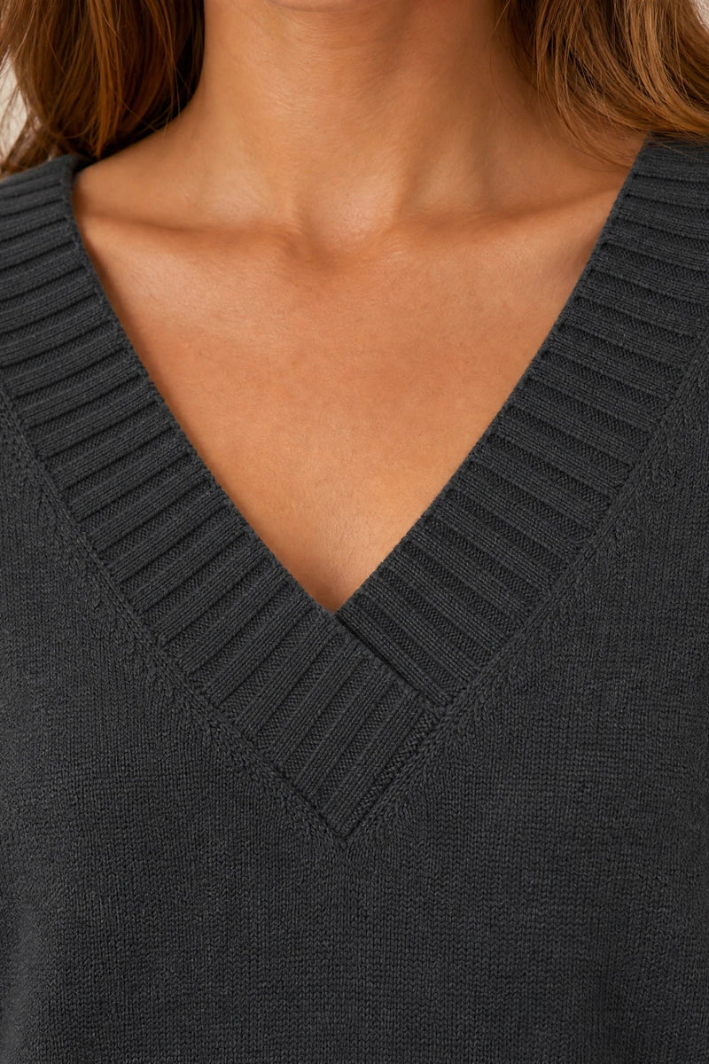 Avery | Cashmere-Feel V-Neck Sweater in Dark Gray, fabric close-up