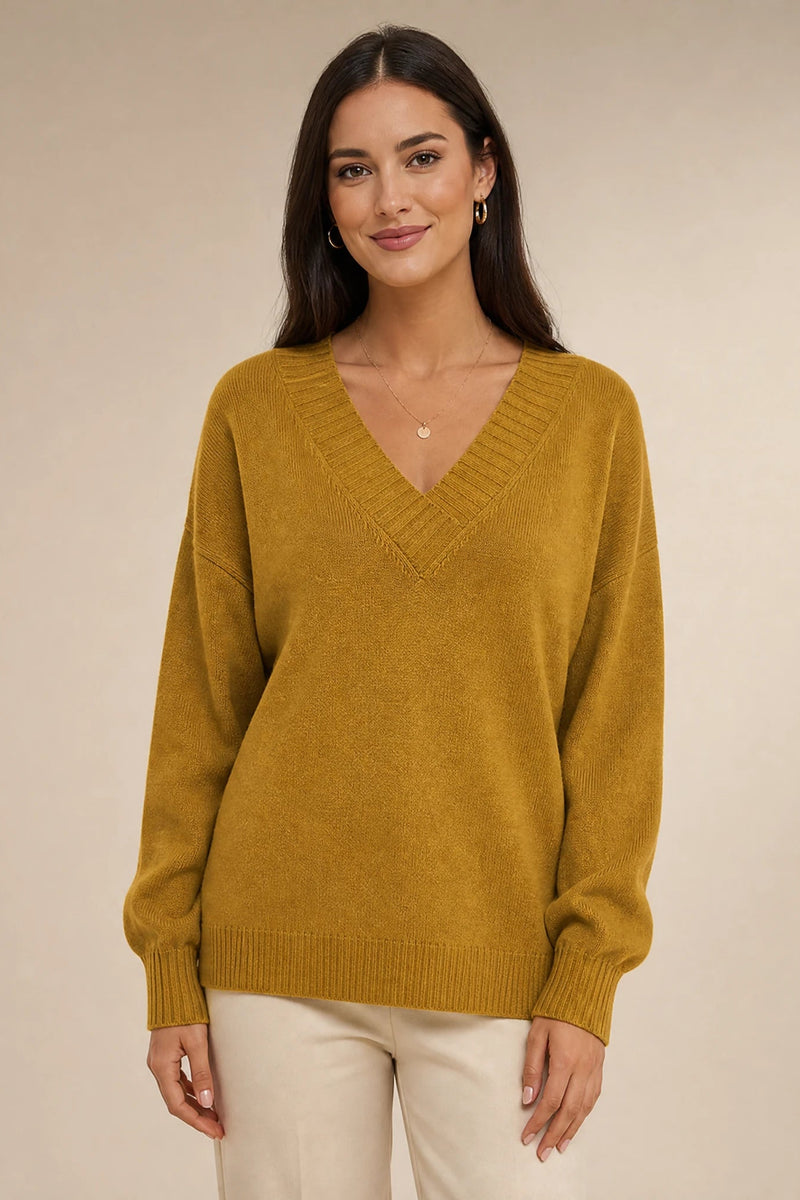 Avery | Cashmere-Feel V-Neck Sweater in Gold, studio front view