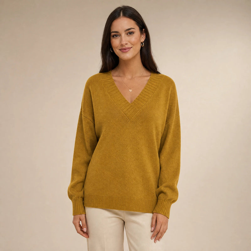 Avery | Women's Cashmere-Feel V-Neck Sweater, Fine-Gauge Knit in Gold, view 1
