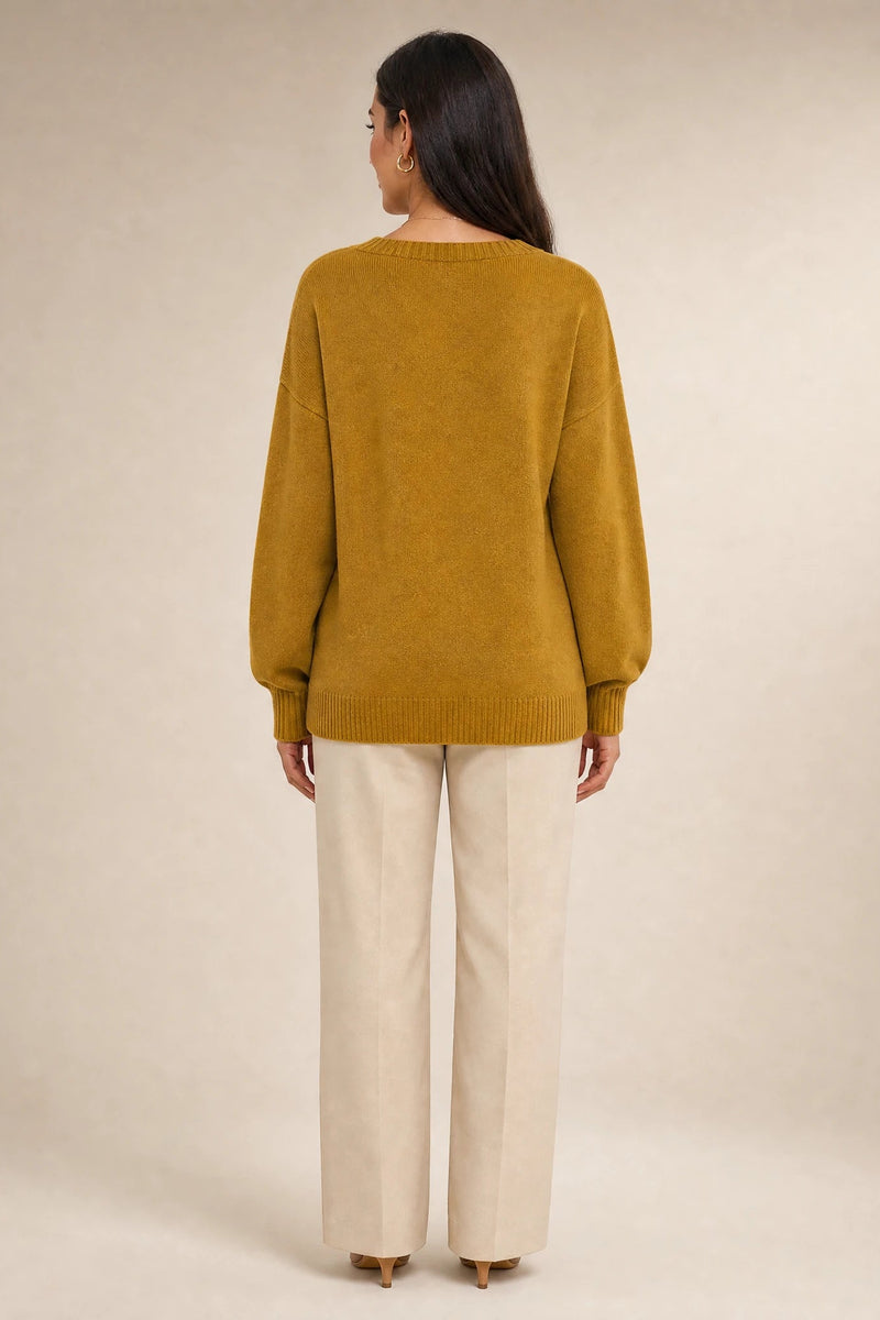 Avery | Cashmere-Feel V-Neck Sweater in Gold, studio side view