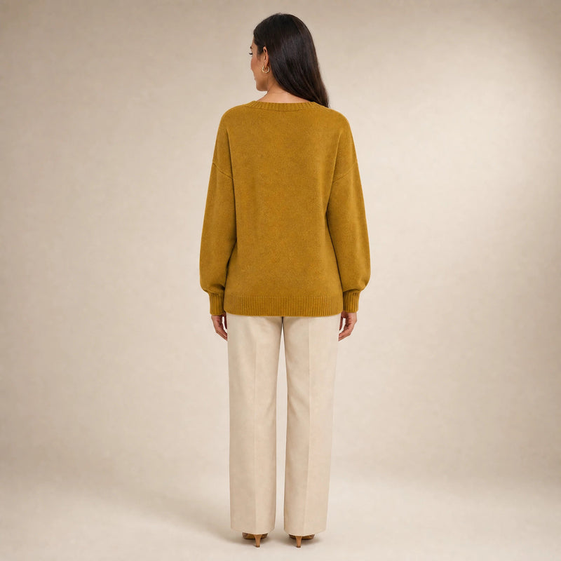 Avery | Women's Cashmere-Feel V-Neck Sweater, Fine-Gauge Knit in Gold, view 2