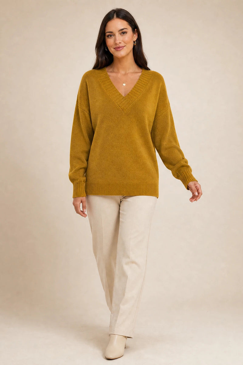 Avery | Cashmere-Feel V-Neck Sweater in Gold, studio back view