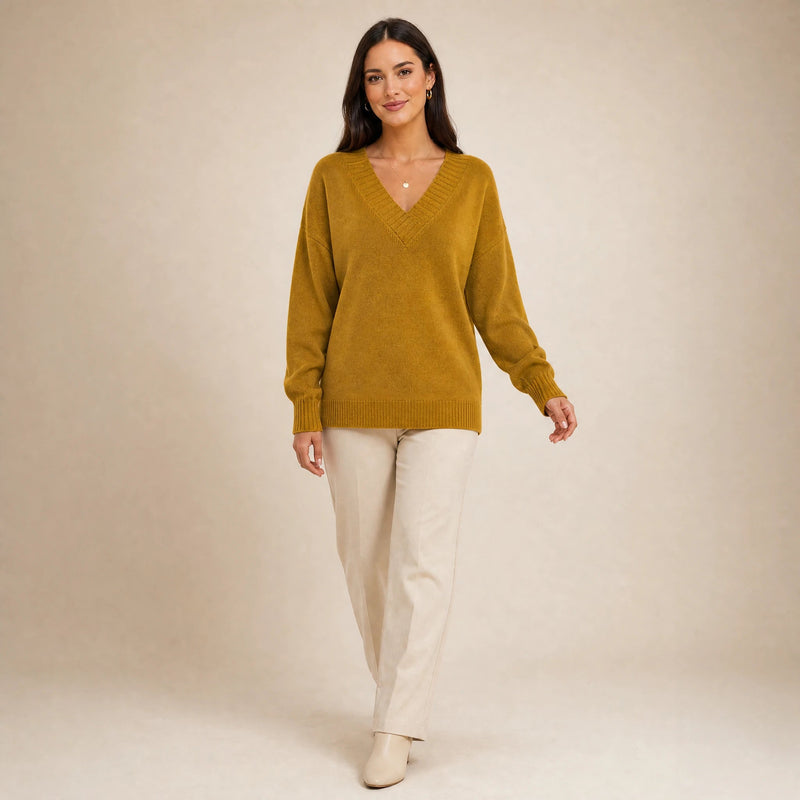 Avery | Women's Cashmere-Feel V-Neck Sweater, Fine-Gauge Knit in Gold, view 3
