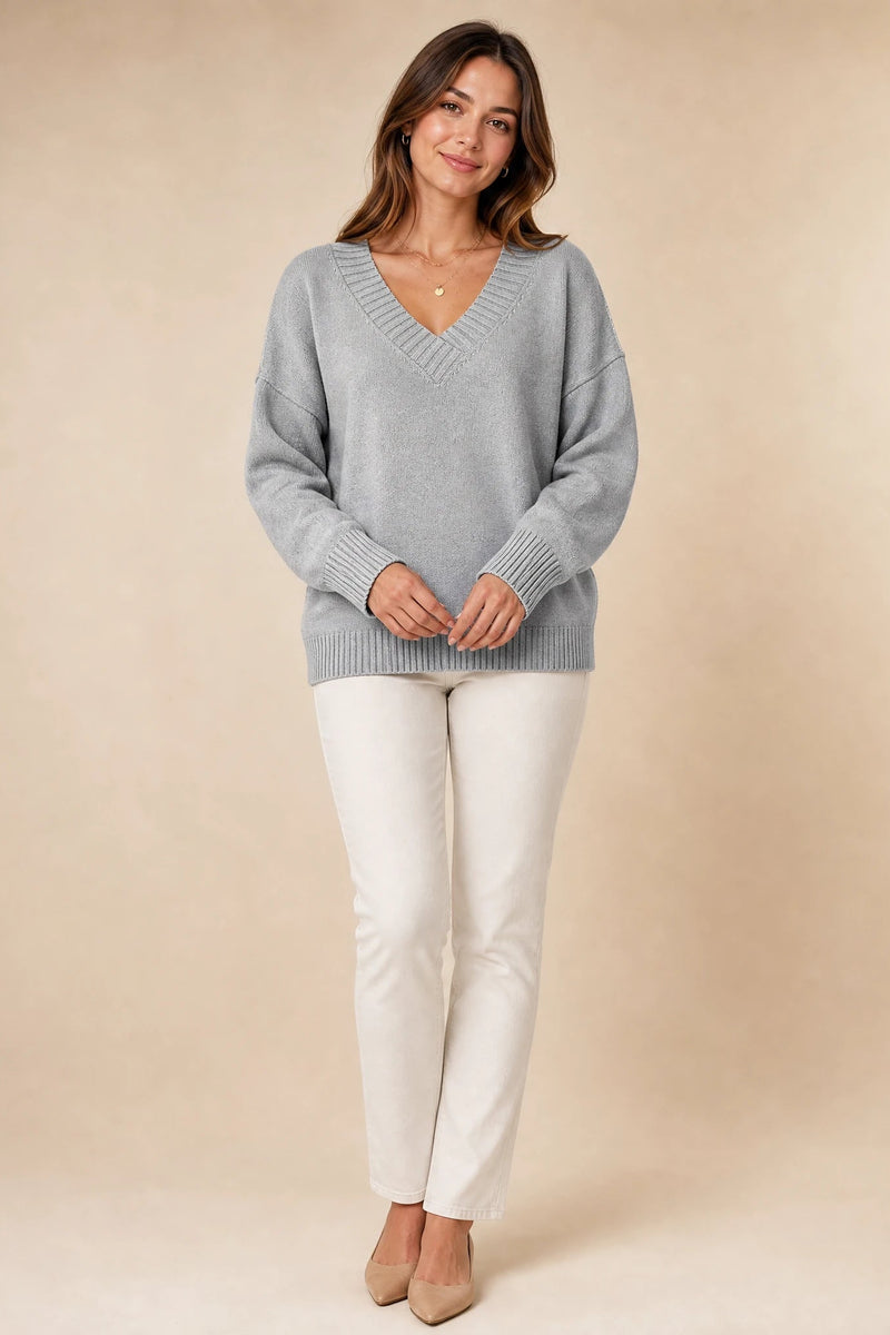 Avery | Cashmere-Feel V-Neck Sweater in Gray, studio front view