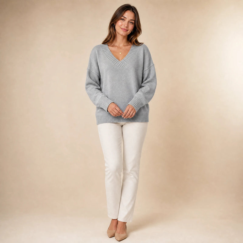 Avery | Women's Cashmere-Feel V-Neck Sweater, Fine-Gauge Knit in Gray, view 1