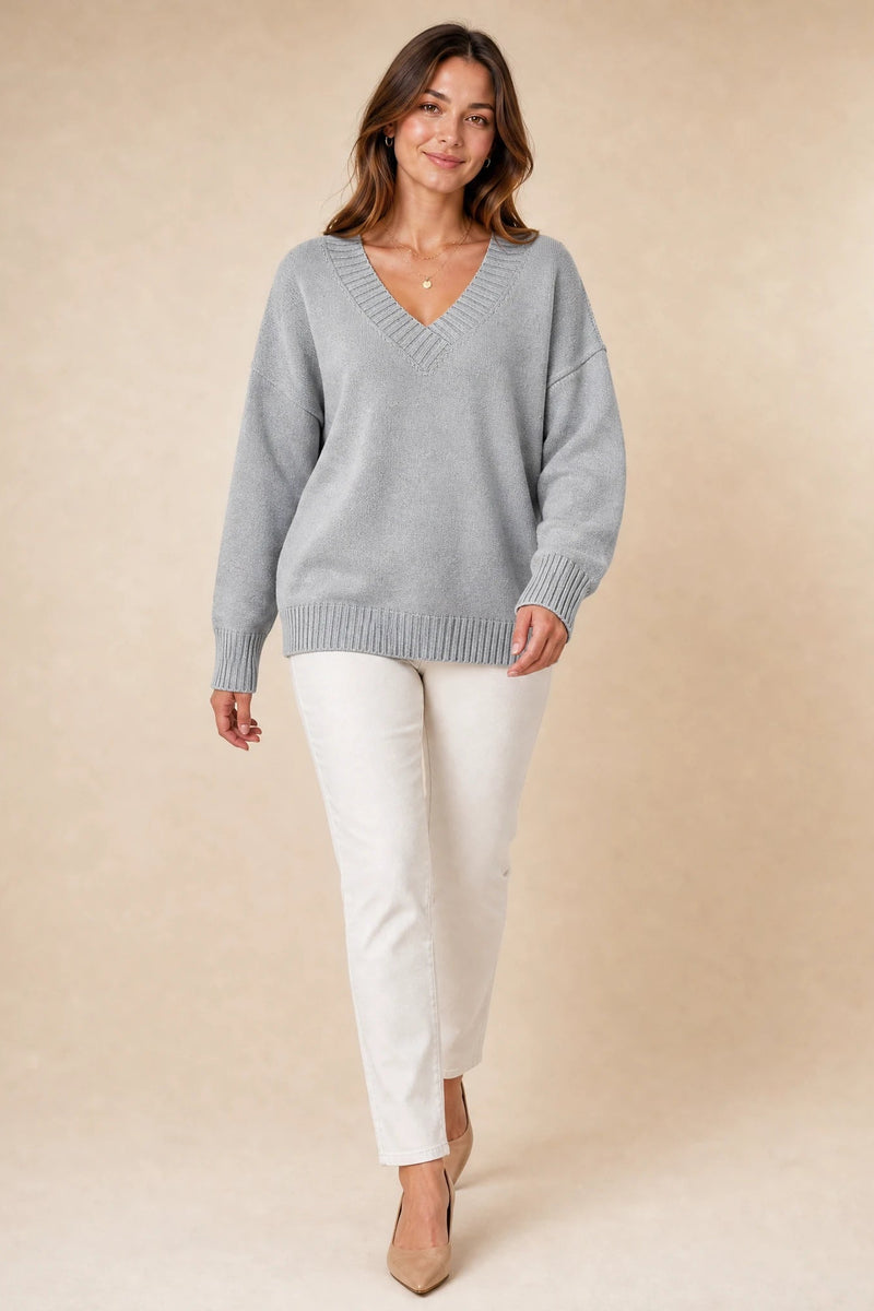 Avery | Cashmere-Feel V-Neck Sweater in Gray, studio back view