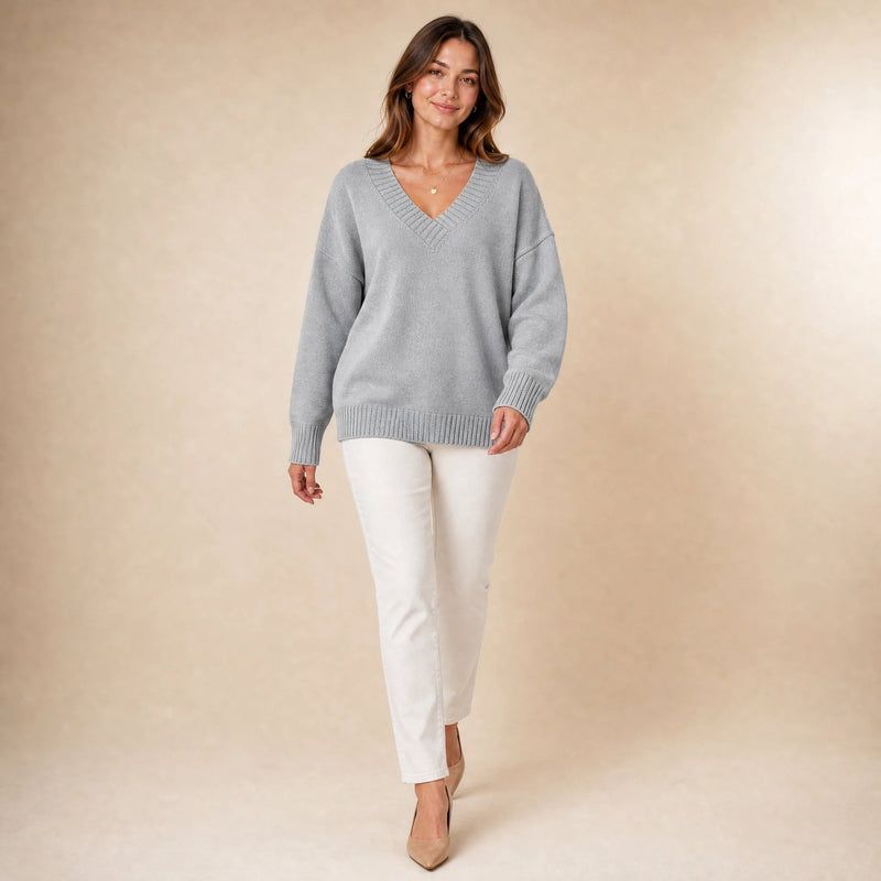 Avery | Women's Cashmere-Feel V-Neck Sweater, Fine-Gauge Knit in Gray, view 3