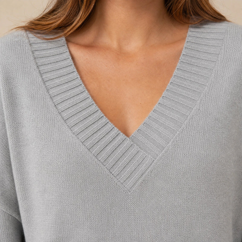 Avery | Women's Cashmere-Feel V-Neck Sweater, Fine-Gauge Knit in Gray, view 4