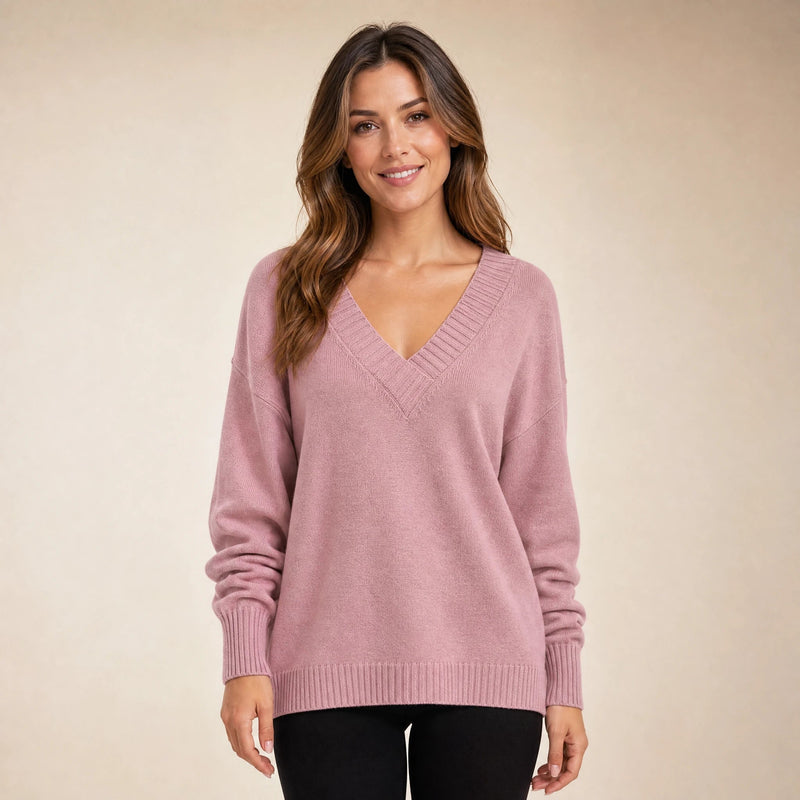 Avery | Women's Cashmere-Feel V-Neck Sweater, Fine-Gauge Knit in Pink, view 1