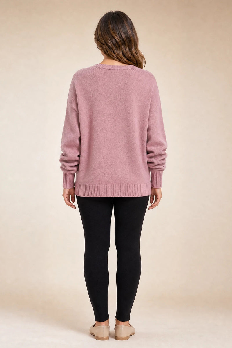 Avery | Cashmere-Feel V-Neck Sweater in Pink, studio side view
