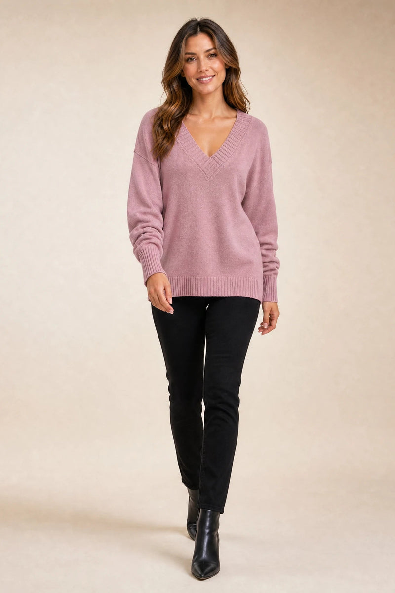 Avery | Cashmere-Feel V-Neck Sweater in Pink, studio back view