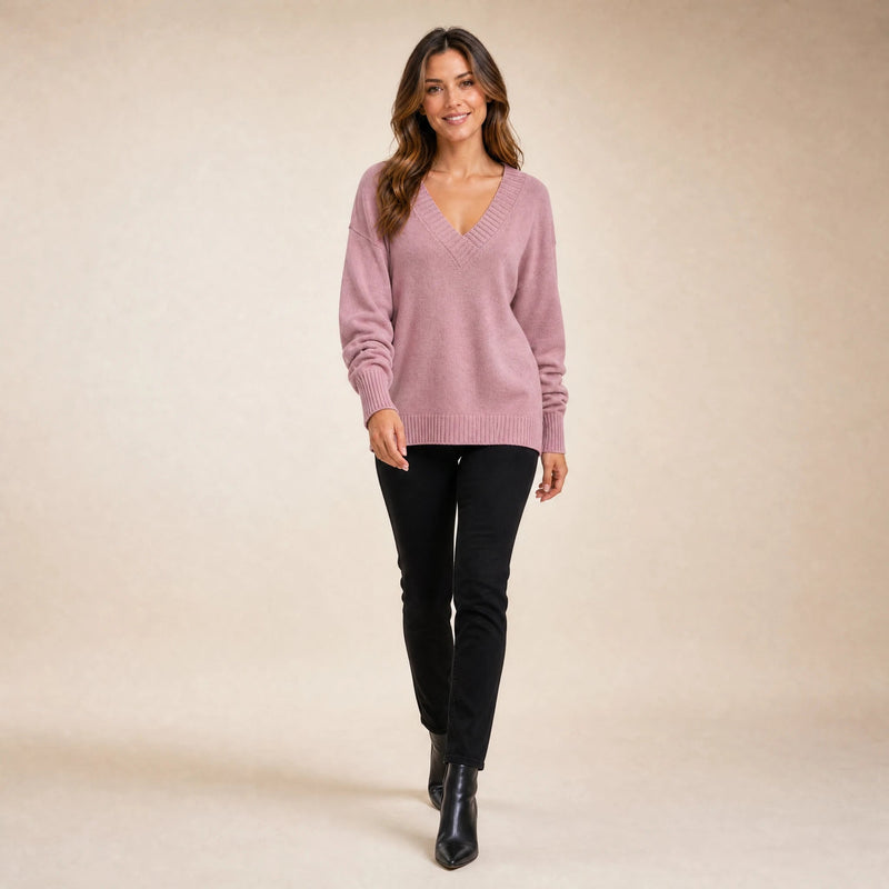 Avery | Women's Cashmere-Feel V-Neck Sweater, Fine-Gauge Knit in Pink, view 3