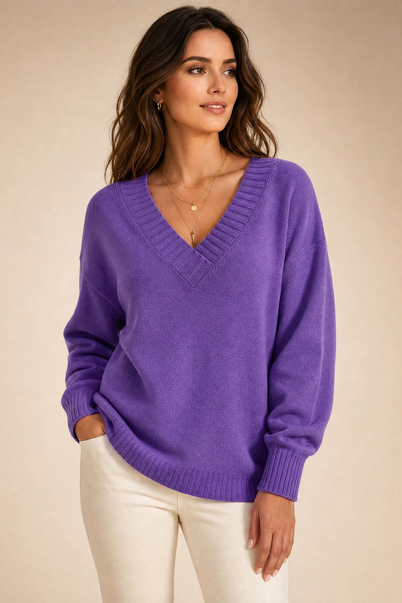 Avery | Cashmere-Feel V-Neck Sweater in Purple, studio front view