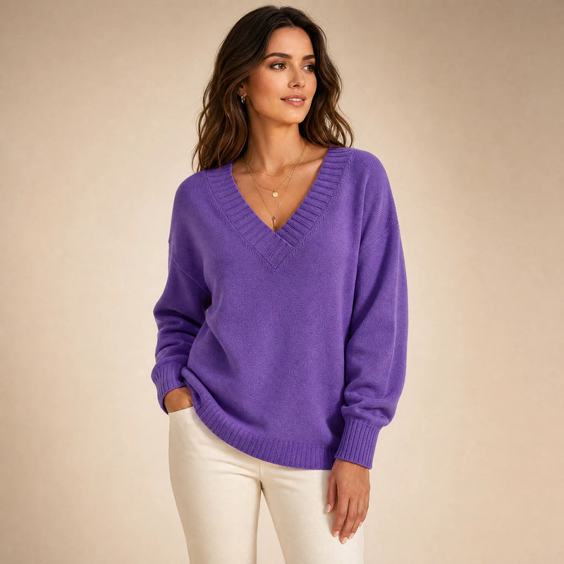 Avery | Women's Cashmere-Feel V-Neck Sweater, Fine-Gauge Knit in Purple, view 1