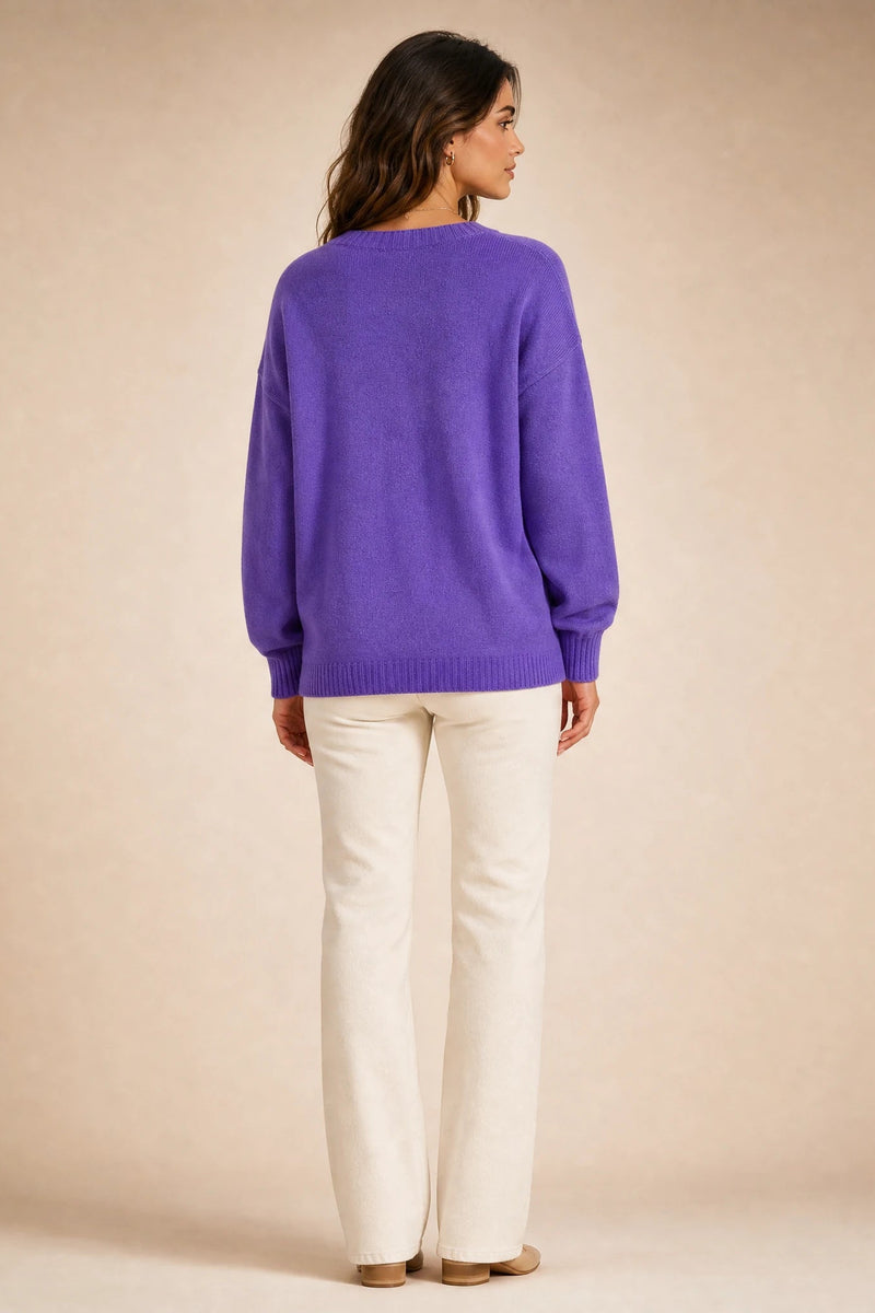 Avery | Cashmere-Feel V-Neck Sweater in Purple, studio side view