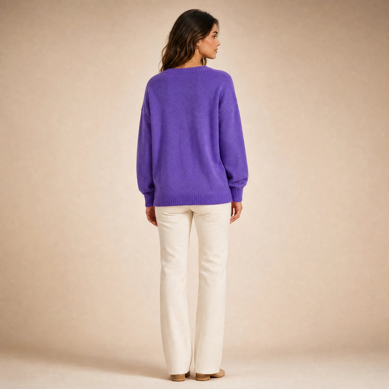 Avery | Women's Cashmere-Feel V-Neck Sweater, Fine-Gauge Knit in Purple, view 2