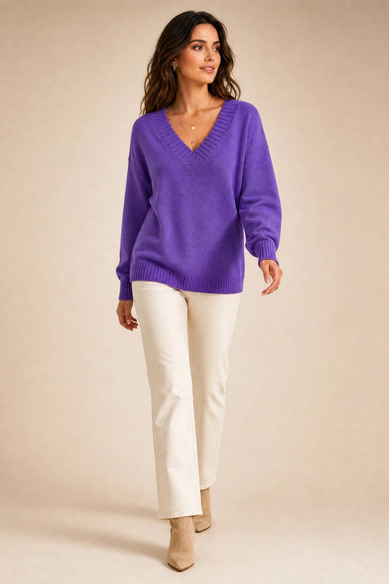 Avery | Cashmere-Feel V-Neck Sweater in Purple, studio back view