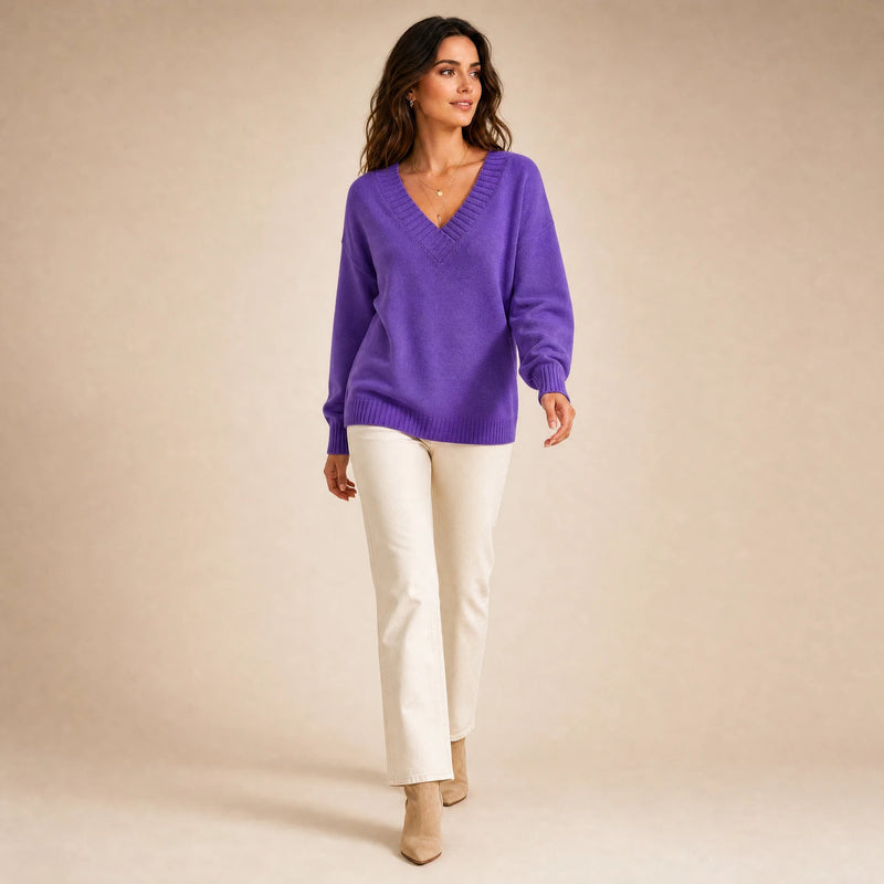 Avery | Women's Cashmere-Feel V-Neck Sweater, Fine-Gauge Knit in Purple, view 3