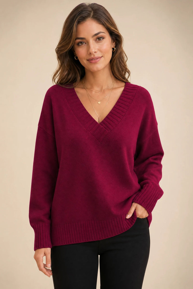 Avery | Cashmere-Feel V-Neck Sweater in Red, studio front view
