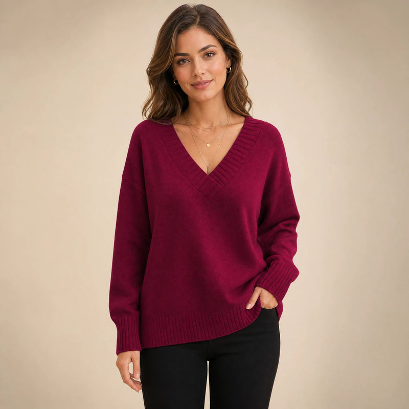 Avery | Women's Cashmere-Feel V-Neck Sweater, Fine-Gauge Knit in Red, view 1