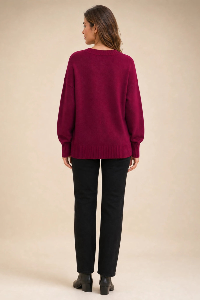 Avery | Cashmere-Feel V-Neck Sweater in Red, studio side view