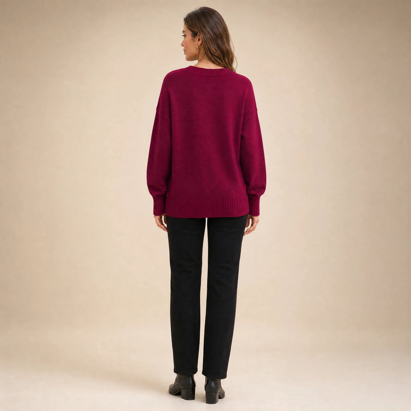 Avery | Women's Cashmere-Feel V-Neck Sweater, Fine-Gauge Knit in Red, view 2
