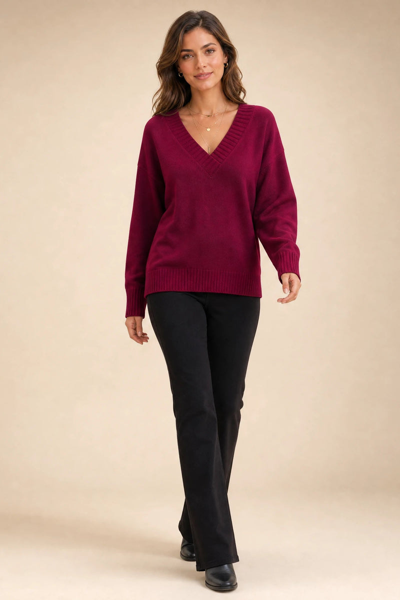 Avery | Cashmere-Feel V-Neck Sweater in Red, studio back view