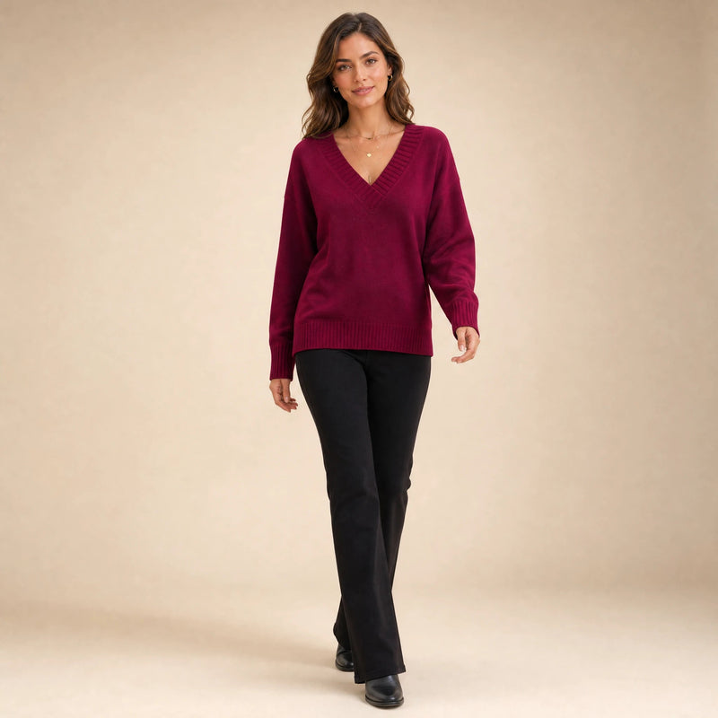 Avery | Women's Cashmere-Feel V-Neck Sweater, Fine-Gauge Knit in Red, view 3
