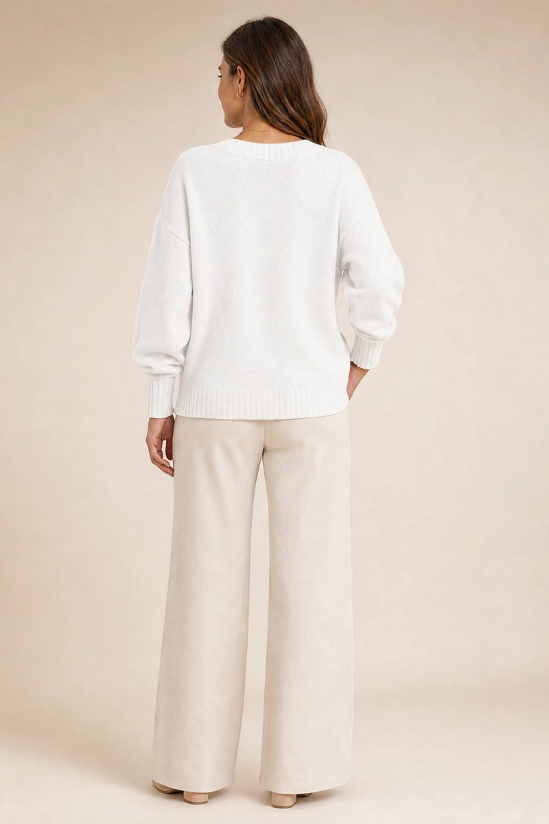 Avery | Cashmere-Feel V-Neck Sweater in White, studio side view