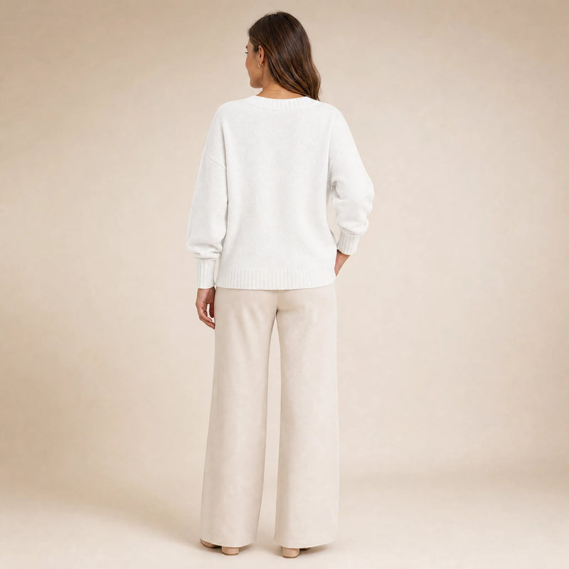 Avery | Women's Cashmere-Feel V-Neck Sweater, Fine-Gauge Knit in White, view 2
