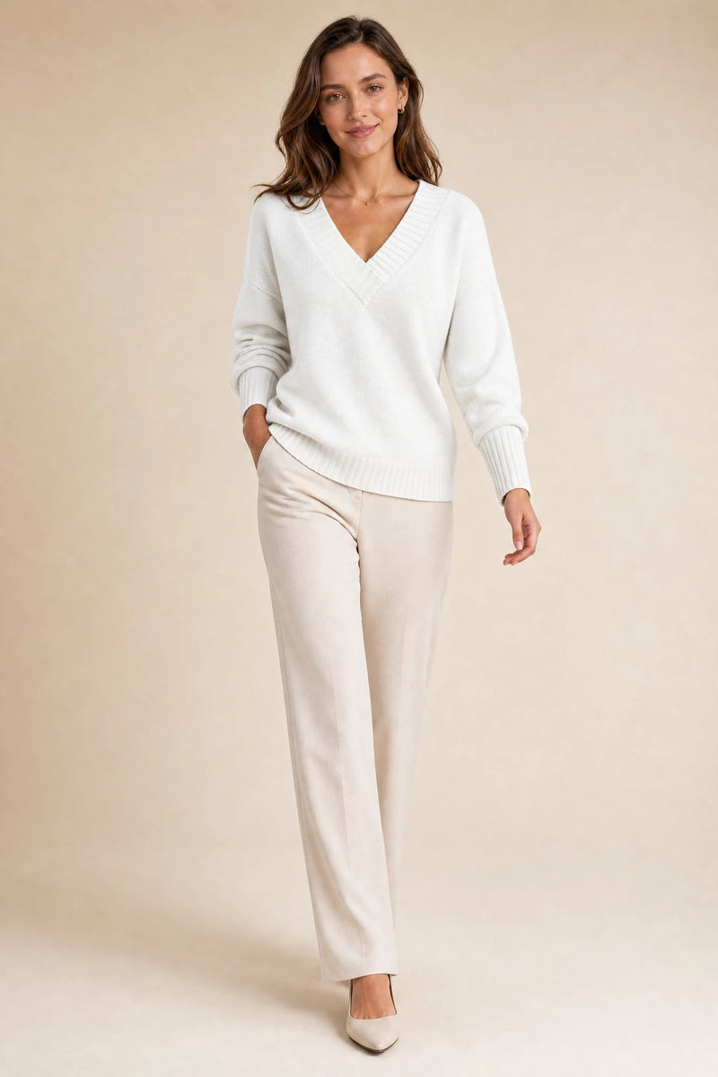 Avery | Cashmere-Feel V-Neck Sweater in White, studio back view