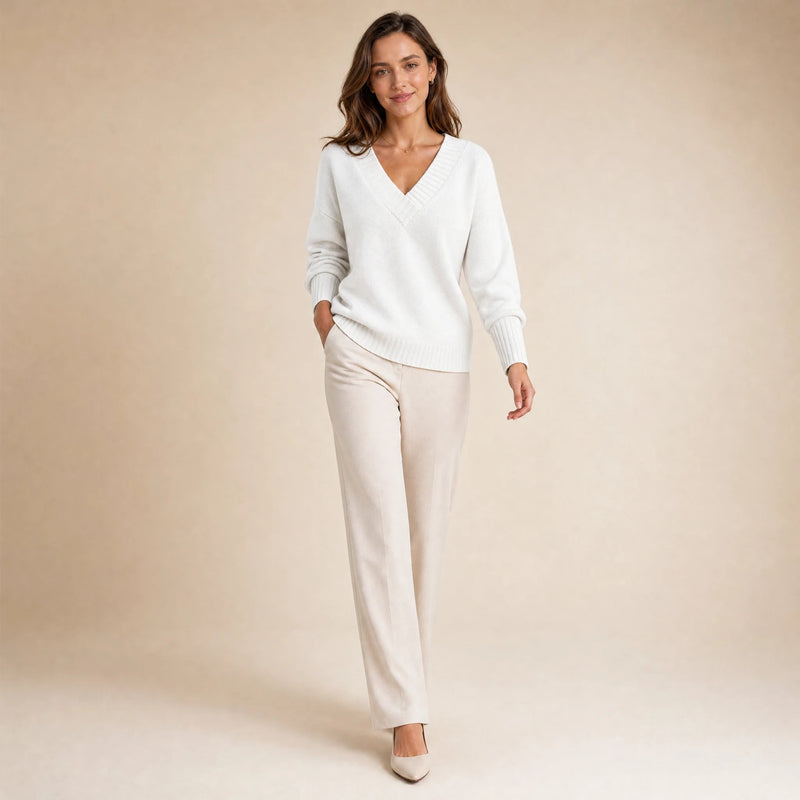 Avery | Women's Cashmere-Feel V-Neck Sweater, Fine-Gauge Knit in White, view 3
