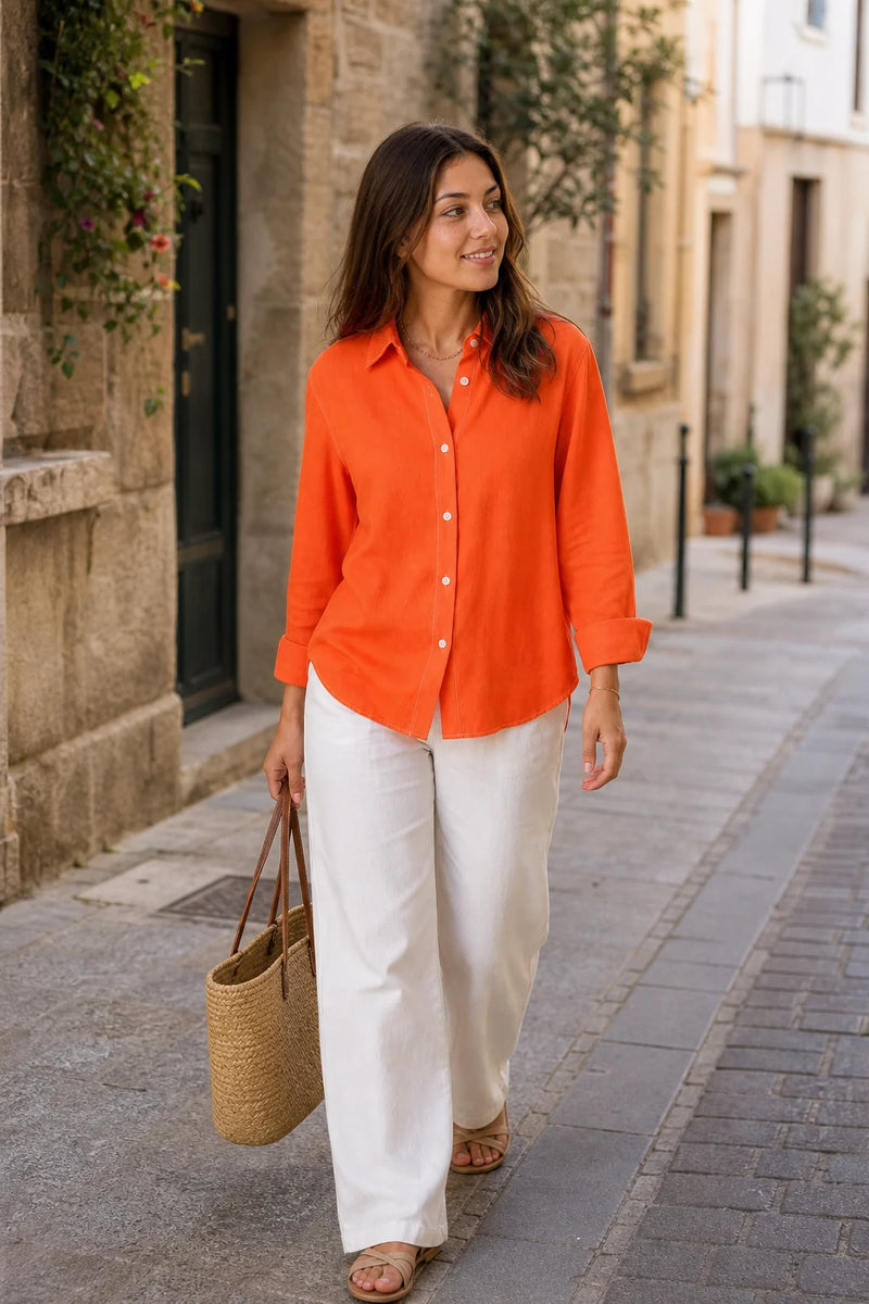 Beatrice | Løs Hørlook Bluse i Orange, gadelook