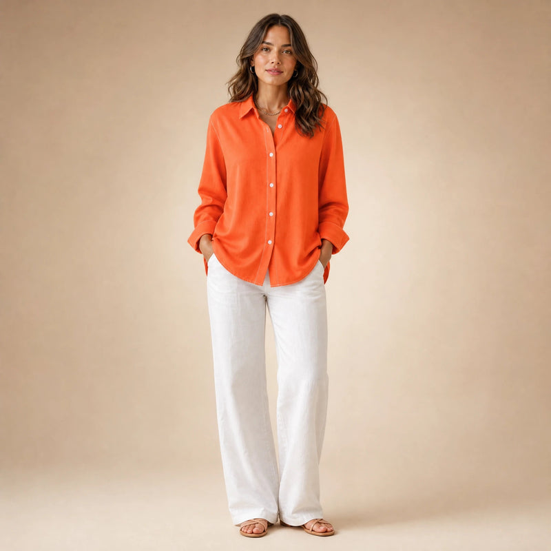 Beatrice | Women's Loose-Fit Linen-Look Blouse in Orange, view 1
