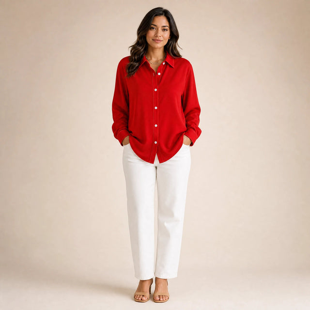 Beatrice | Women's Loose-Fit Linen-Look Blouse in Red, view 1