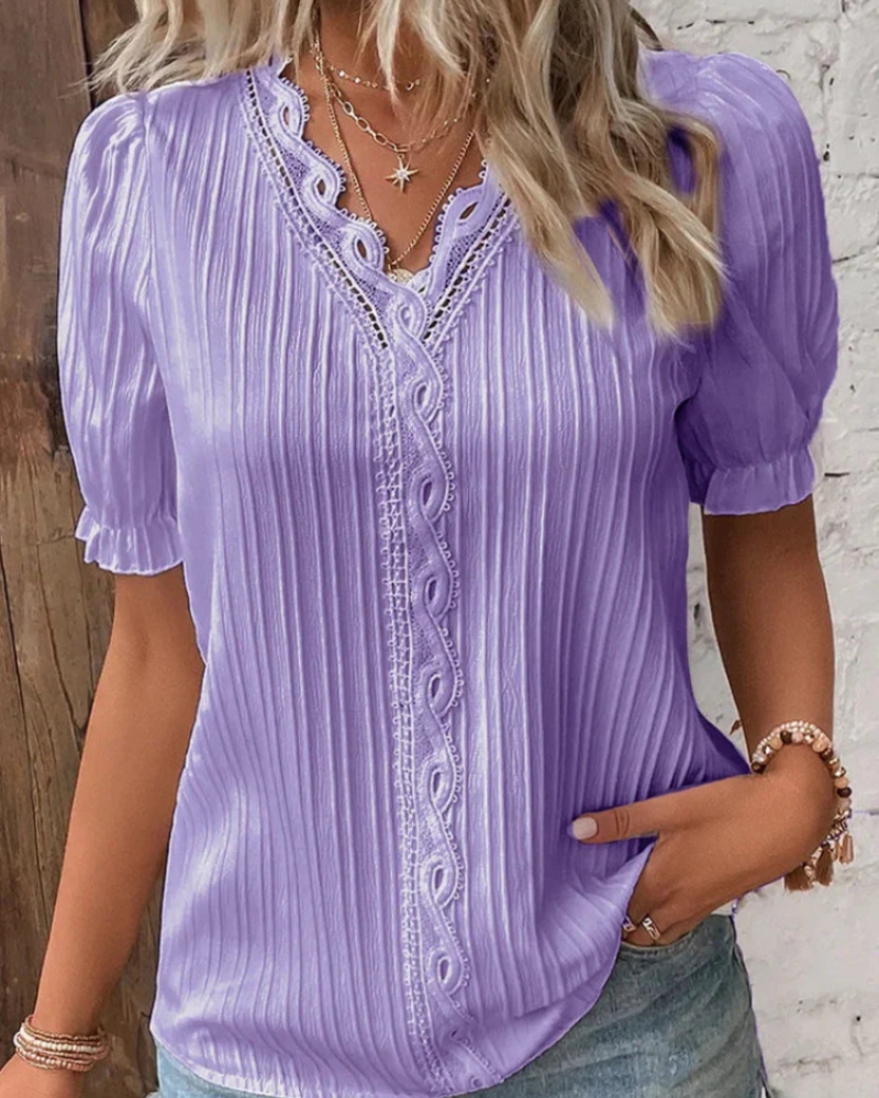 Bluse Dame med Blondekant og Pufærmer i Mauve, produktbillede