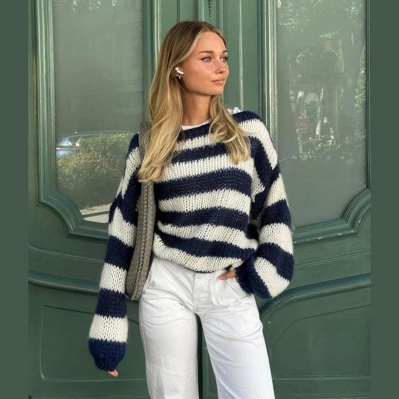 Bodil | Stribet Oversized Striktrøje, nærbillede